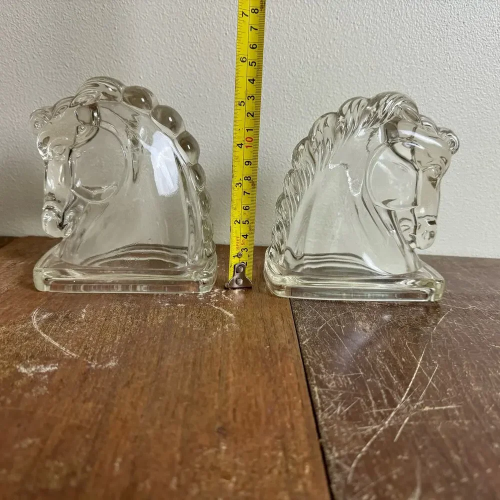 Federal Glass 1940s Clear Glass Horse Head Bookends Pair (2‎ pc) Shelf Decor